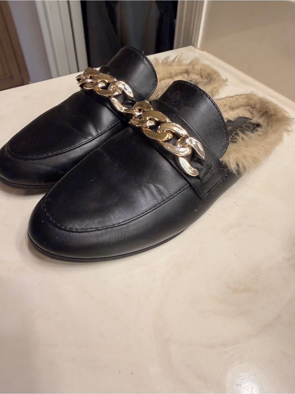 Matisse Black Faux Fur-Lined Slip-On Loafers with Gold Chain